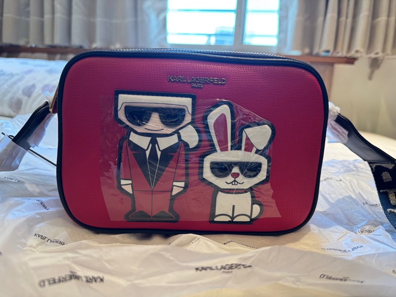 KARL LAGERFELD 老佛爺&小貓LOGO織帶防刮斜背相機包-1