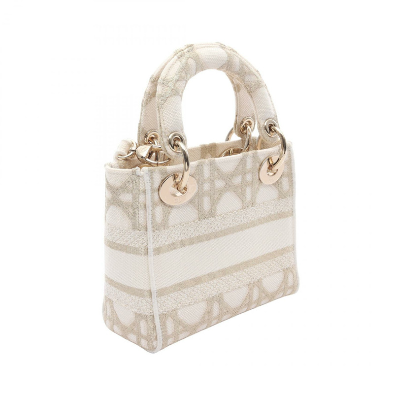 Dior Lady Dior Mini Cannage 肩背包 手袋 帆布 白金 二手 女款 CD-1