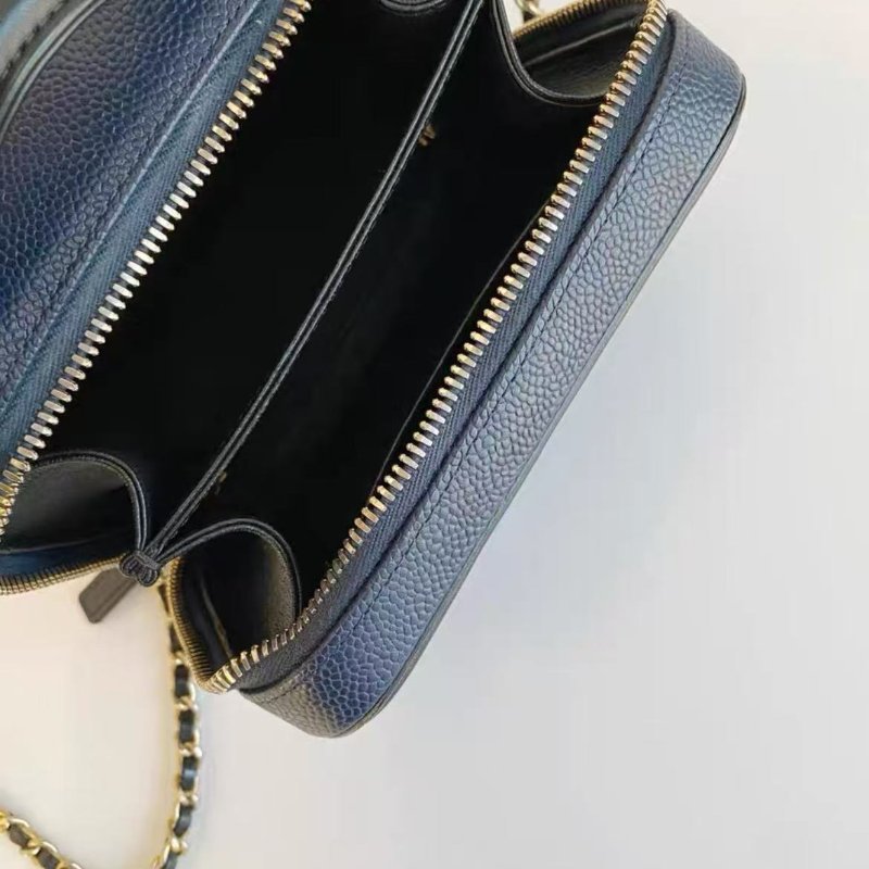 chanel vanity case藏藍拚黑色荔枝皮小號 相機包手提斜背鍊條包 16*12*7,98新 配件塵袋-2