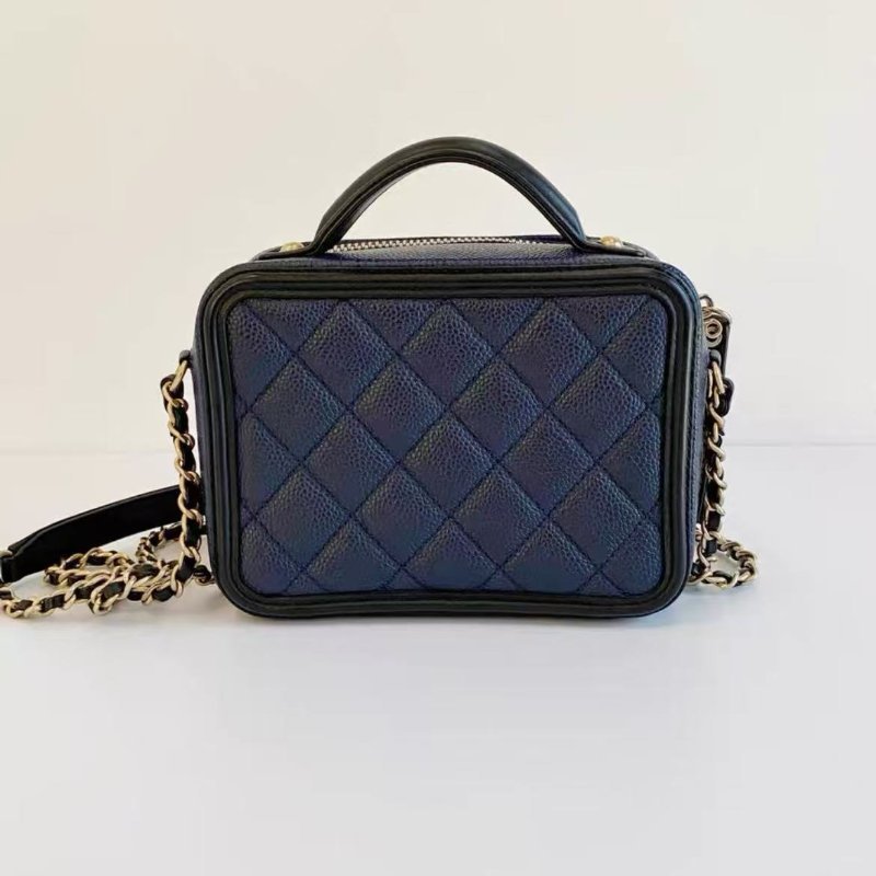 chanel vanity case藏藍拚黑色荔枝皮小號 相機包手提斜背鍊條包 16*12*7,98新 配件塵袋-6