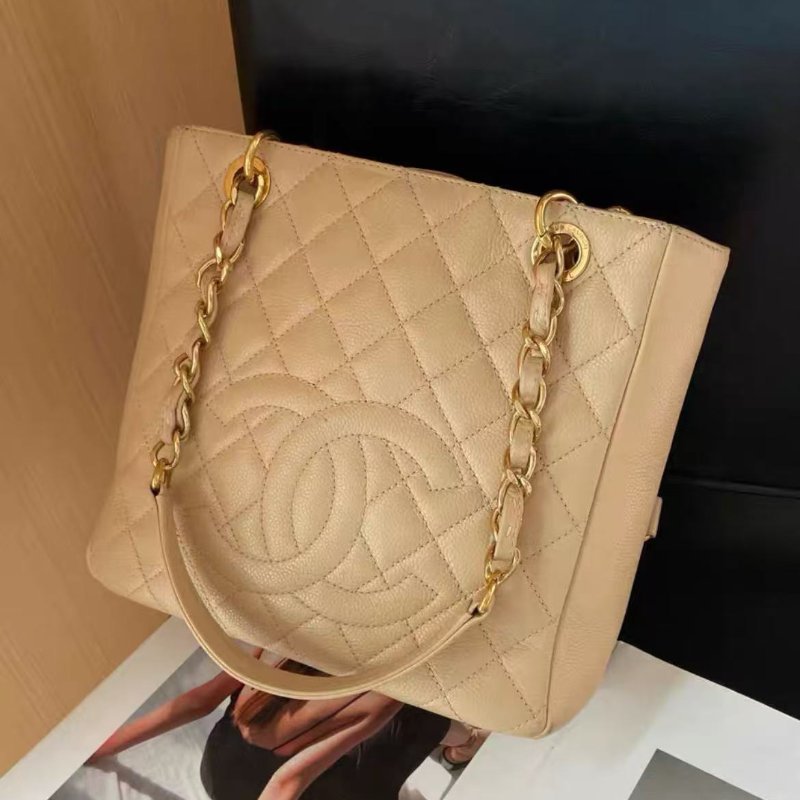 chanel tote杏色奶茶色荔枝皮腋下包 97新 24*24*8 配件塵袋-1