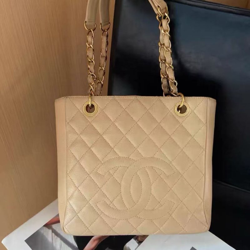 chanel tote杏色奶茶色荔枝皮腋下包 97新 24*24*8 配件塵袋-2