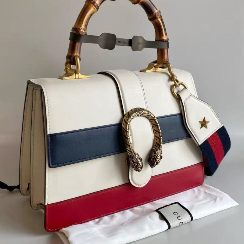 gucci 紅白藍拚色竹節手柄中號風琴包 27*18*13cm。配件塵袋-1