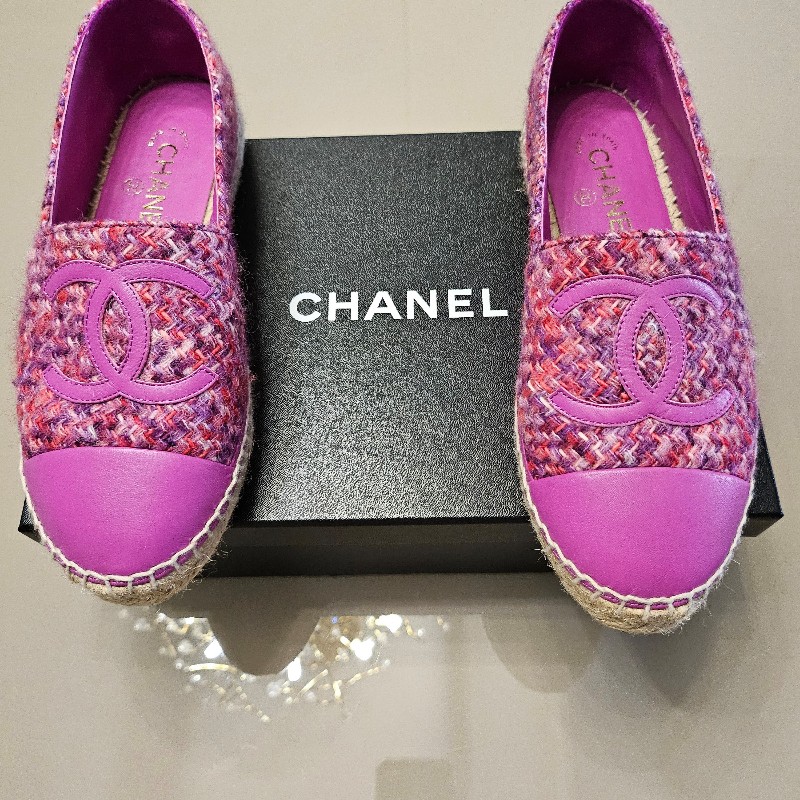 Chanel毛呢拼接皮革雙C Logo草編鞋-5