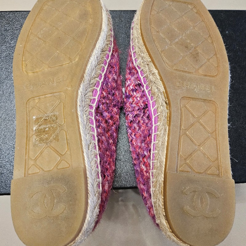 Chanel毛呢拼接皮革雙C Logo草編鞋-7