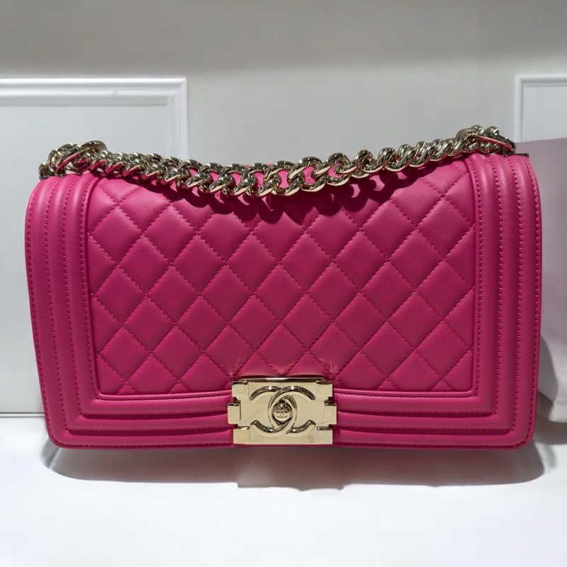 CHANEL 小牛皮金釦 BOY25CM 深粉紅色*閒置品-0