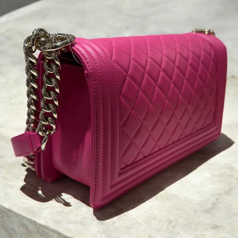 CHANEL 小牛皮金釦 BOY25CM 深粉紅色*閒置品-1