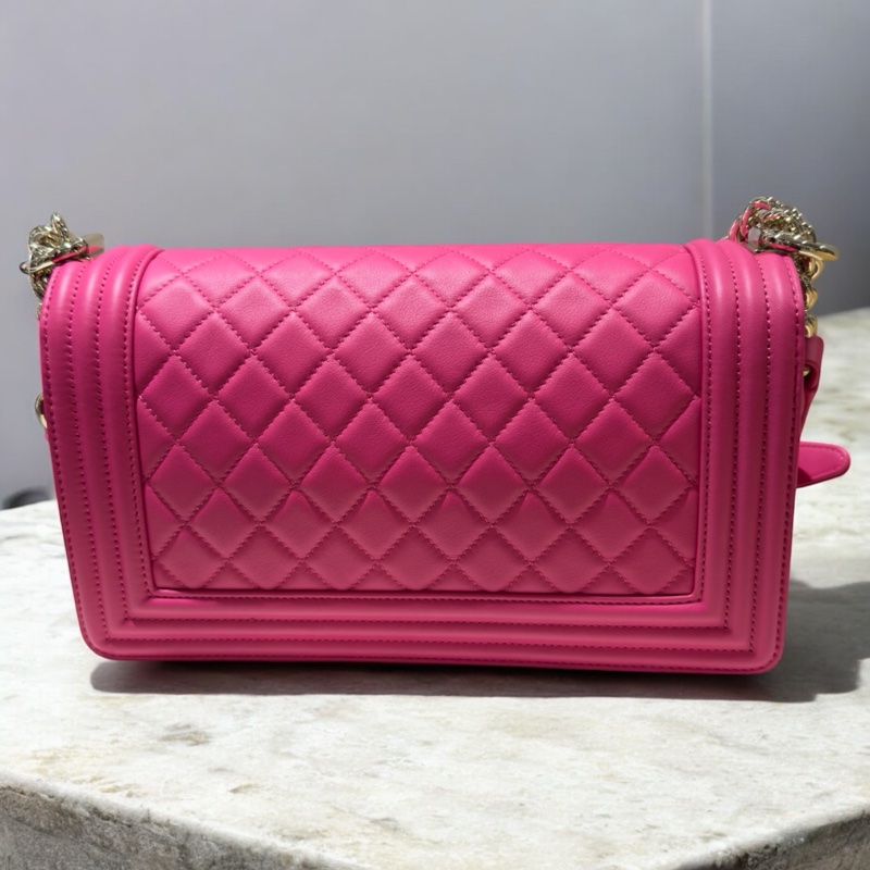 CHANEL 小牛皮金釦 BOY25CM 深粉紅色*閒置品-2