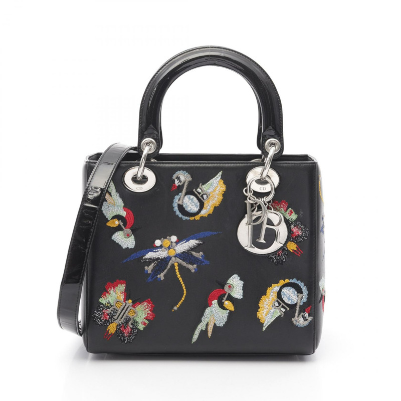 Christian Dior LADY DIOR 刺繡斜背包 手提包 漆皮小牛皮 黑色-0