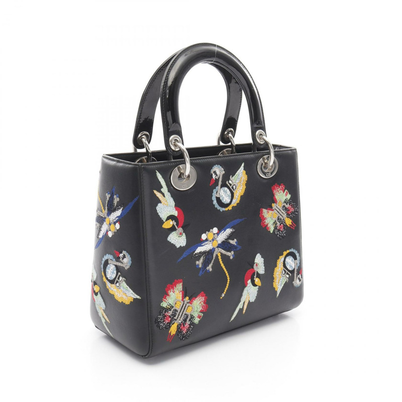 Christian Dior LADY DIOR 刺繡斜背包 手提包 漆皮小牛皮 黑色-1