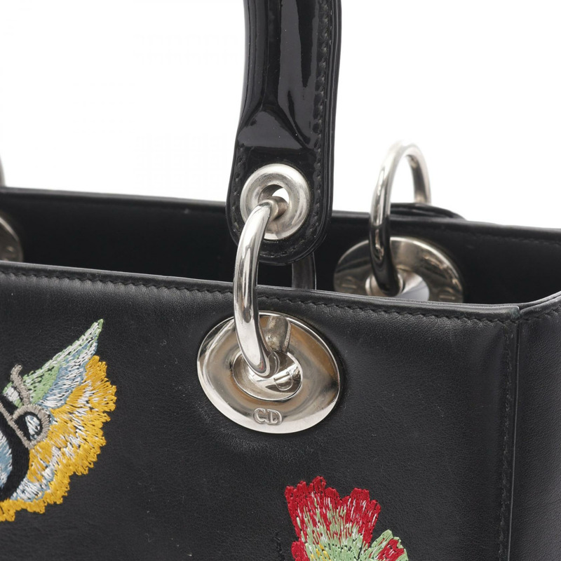 Christian Dior LADY DIOR 刺繡斜背包 手提包 漆皮小牛皮 黑色-6