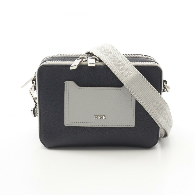 Christian Dior 斜背包 肩背包 皮革 海軍藍 灰色 二手 女款-0