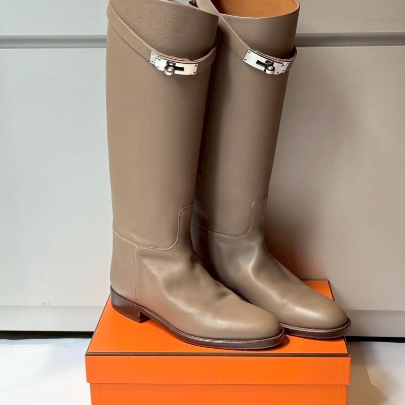 Hermes 銀釦沙土色皮革長靴-0