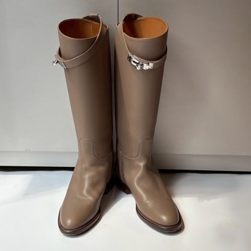 Hermes 銀釦沙土色皮革長靴-2