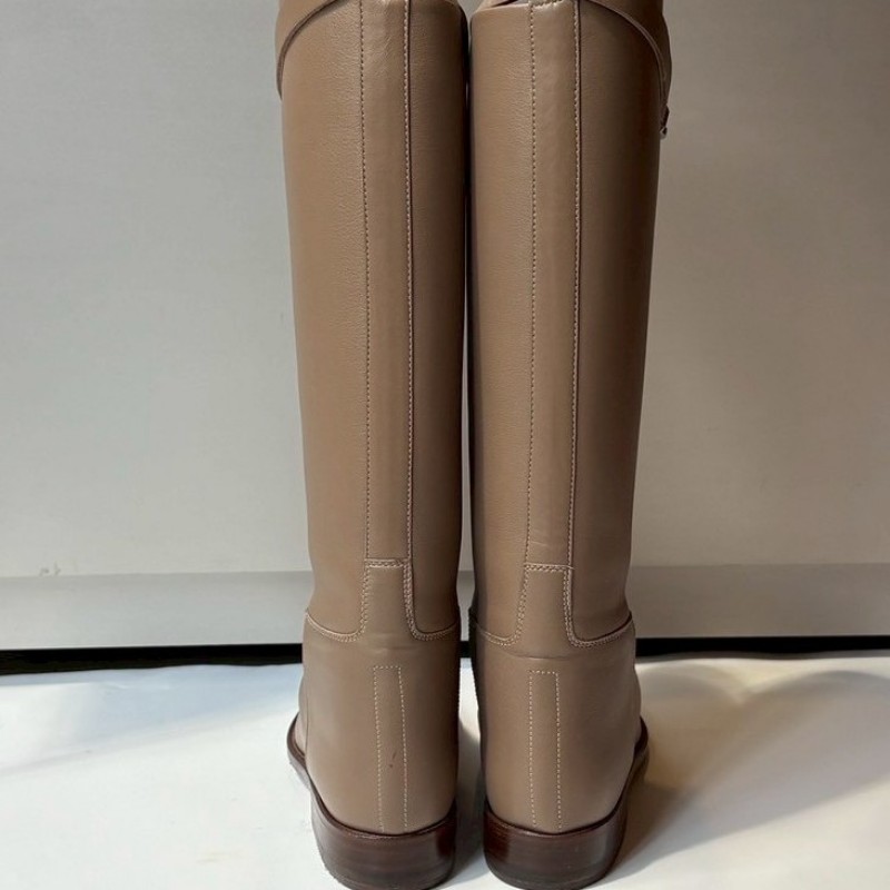 Hermes 銀釦沙土色皮革長靴-5