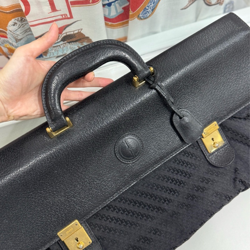 Gucci 摺疊手提行李包 旅行包 黑色 拼接皮革 暗花-6