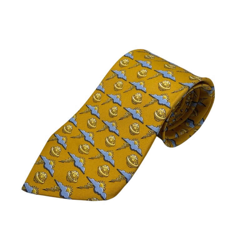 CELINE 黃 星球 太陽 雲 雷電圖案 領帶 絲綢（中古）-0