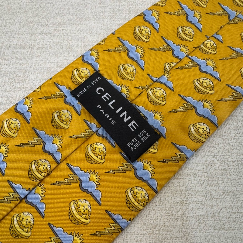 CELINE 黃 星球 太陽 雲 雷電圖案 領帶 絲綢（中古）-1