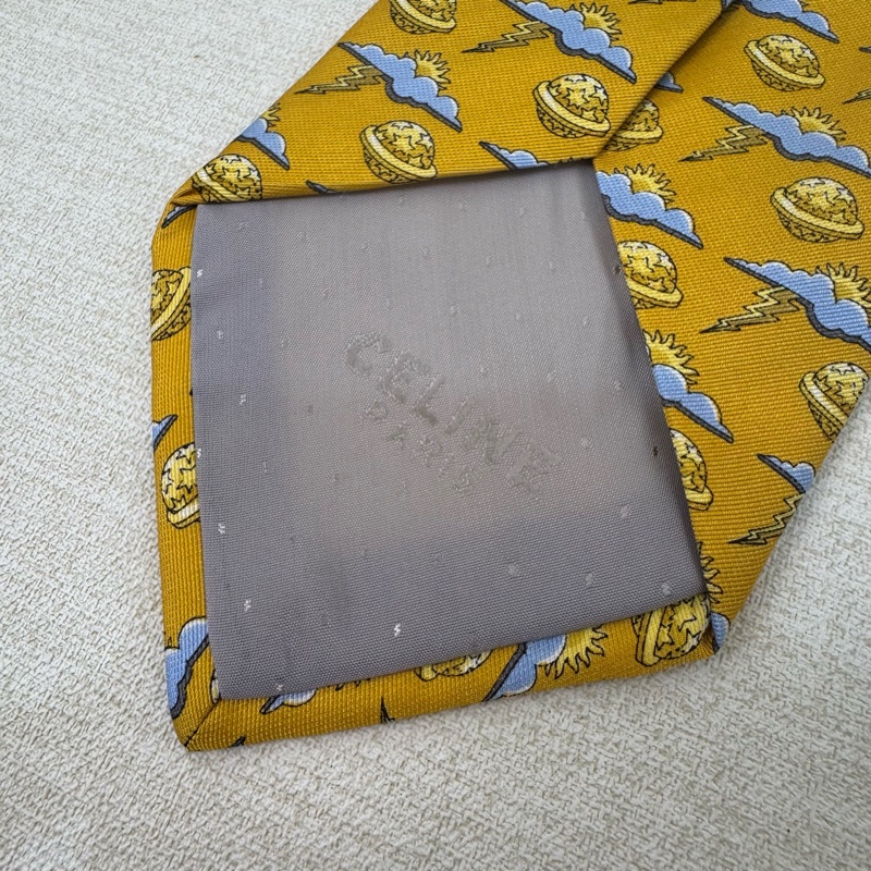 CELINE 黃 星球 太陽 雲 雷電圖案 領帶 絲綢（中古）-2