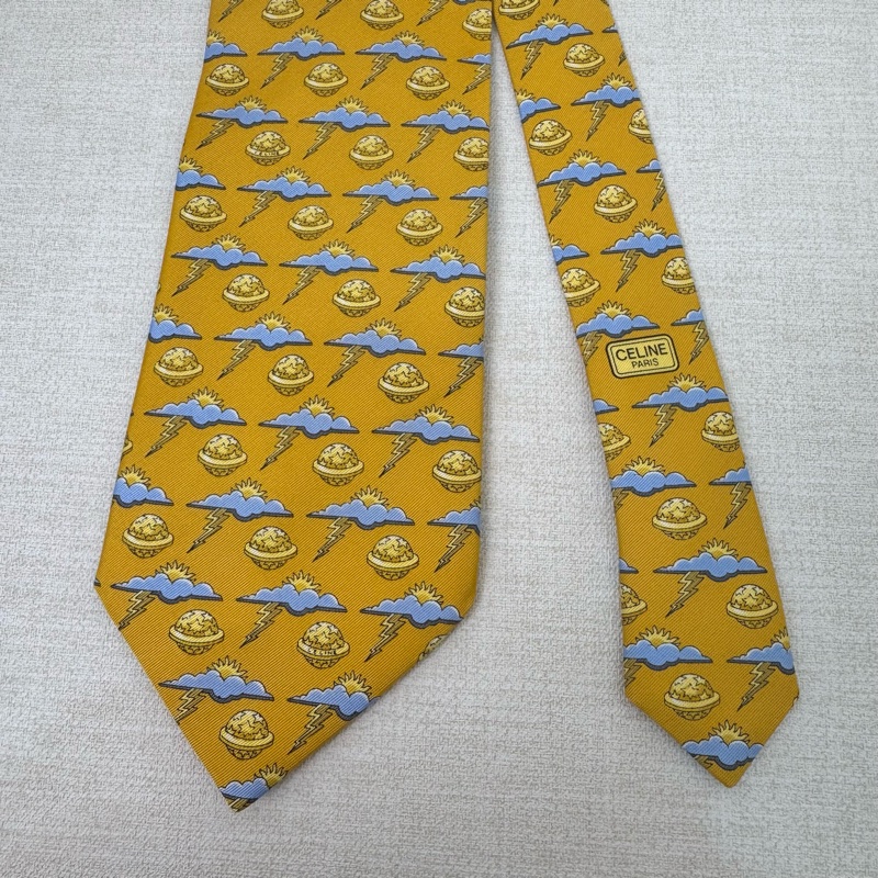 CELINE 黃 星球 太陽 雲 雷電圖案 領帶 絲綢（中古）-4