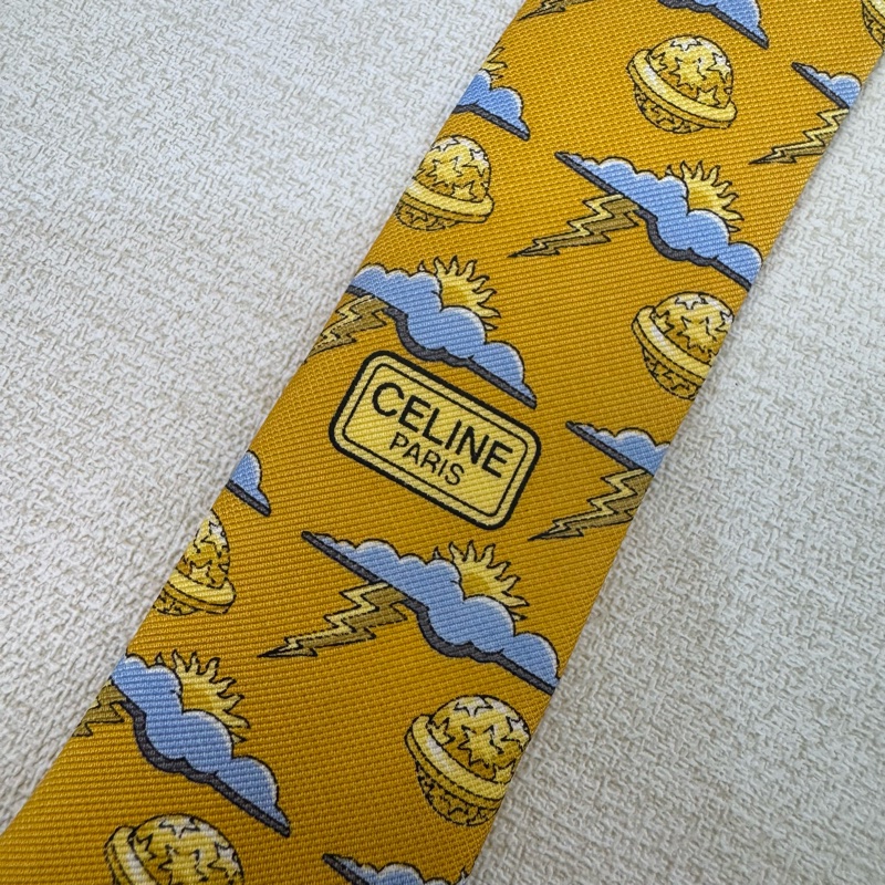 CELINE 黃 星球 太陽 雲 雷電圖案 領帶 絲綢（中古）-5