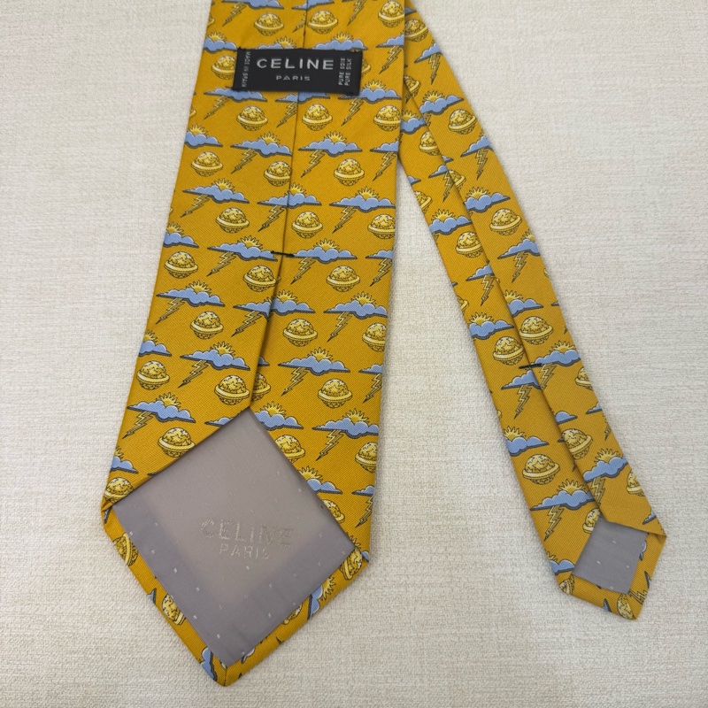 CELINE 黃 星球 太陽 雲 雷電圖案 領帶 絲綢（中古）-6