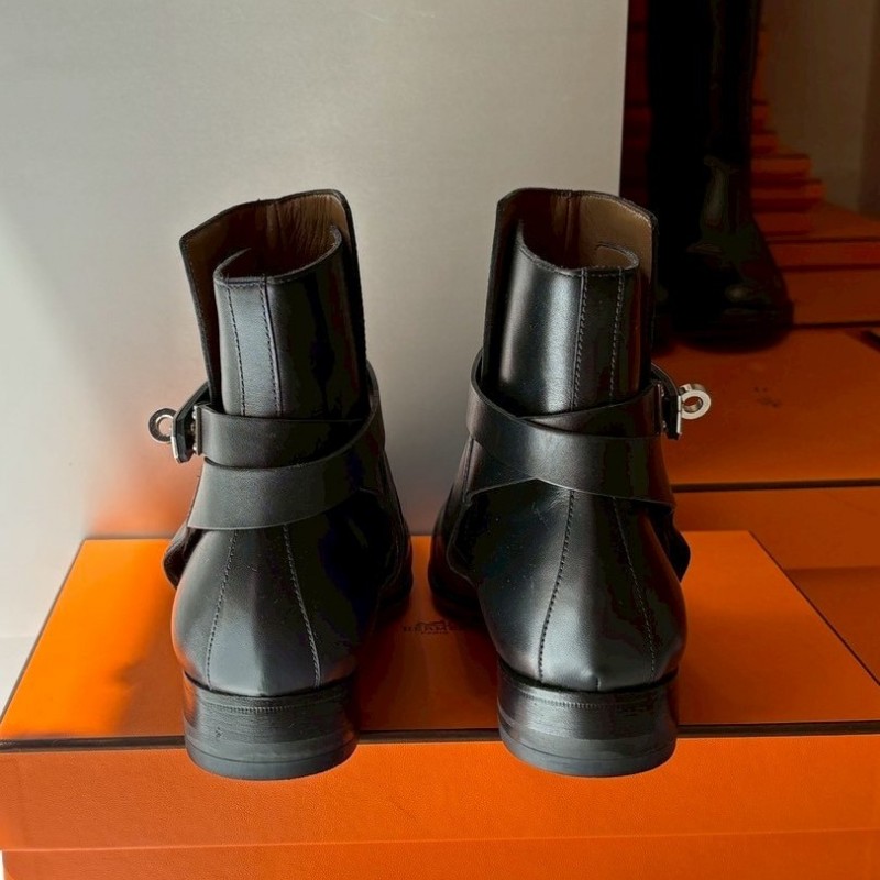 Hermes 銀釦黑皮短靴-6