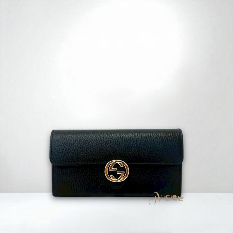 GUCCI 黑色牛皮雙G淡金釦下蓋長夾615524-0