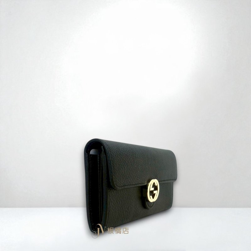 GUCCI 黑色牛皮雙G淡金釦下蓋長夾615524-1