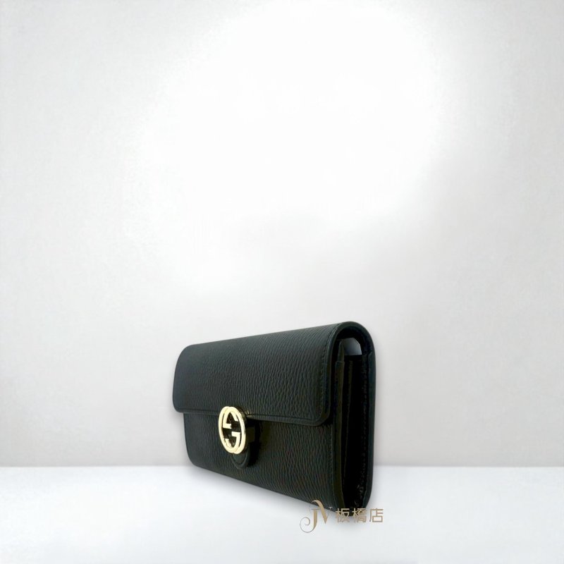 GUCCI 黑色牛皮雙G淡金釦下蓋長夾615524-2