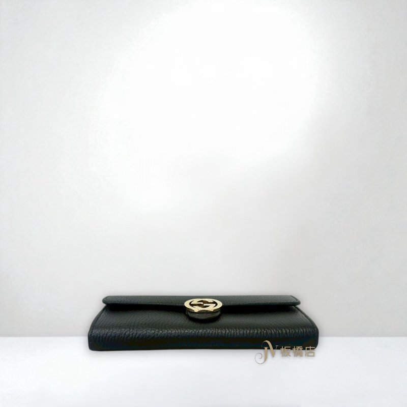 GUCCI 黑色牛皮雙G淡金釦下蓋長夾615524-4