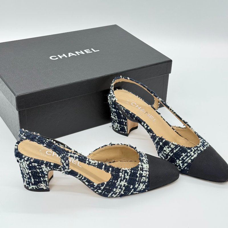 CHANEL 香奈兒 藍色 黑色 白色 經典毛呢織物 CC 露跟鞋 SIZE 38-2