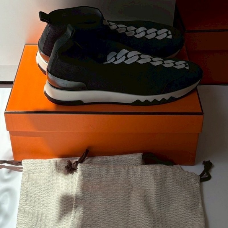 Hermes 黑布白鍊圖女休閒鞋-3