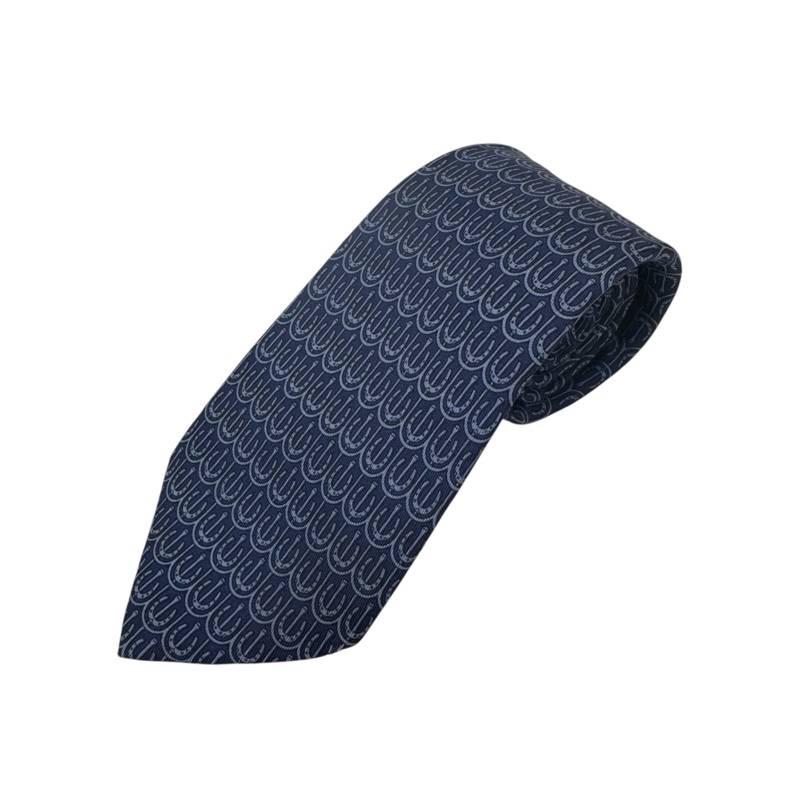 HERMES 藍 馬蹄圖案 領帶 領結 絲綢（中古）-0