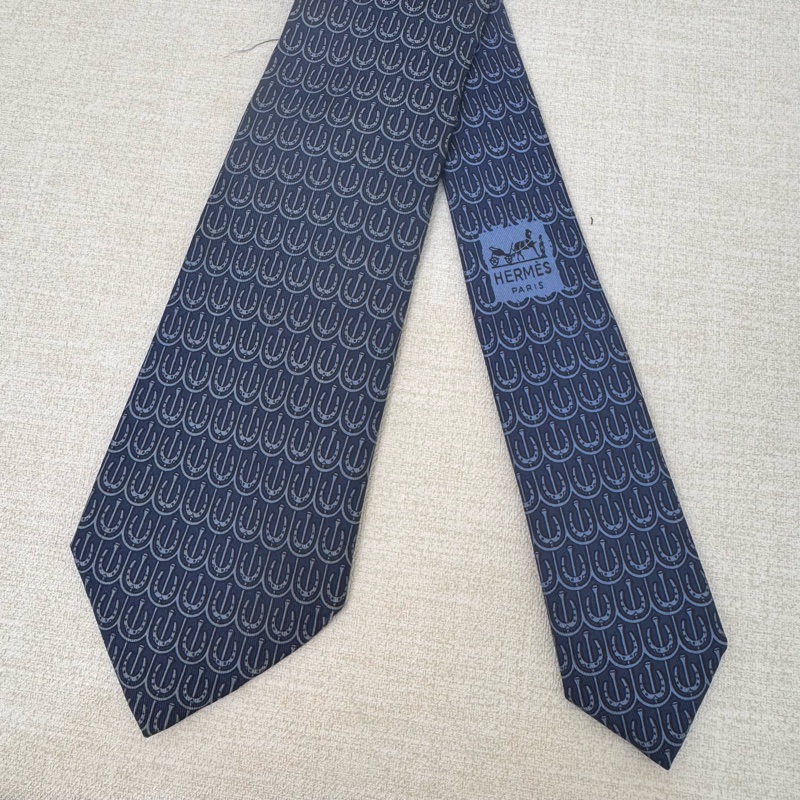 HERMES 藍 馬蹄圖案 領帶 領結 絲綢（中古）-1