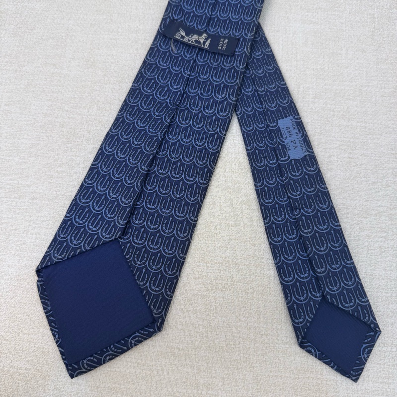 HERMES 藍 馬蹄圖案 領帶 領結 絲綢（中古）-2