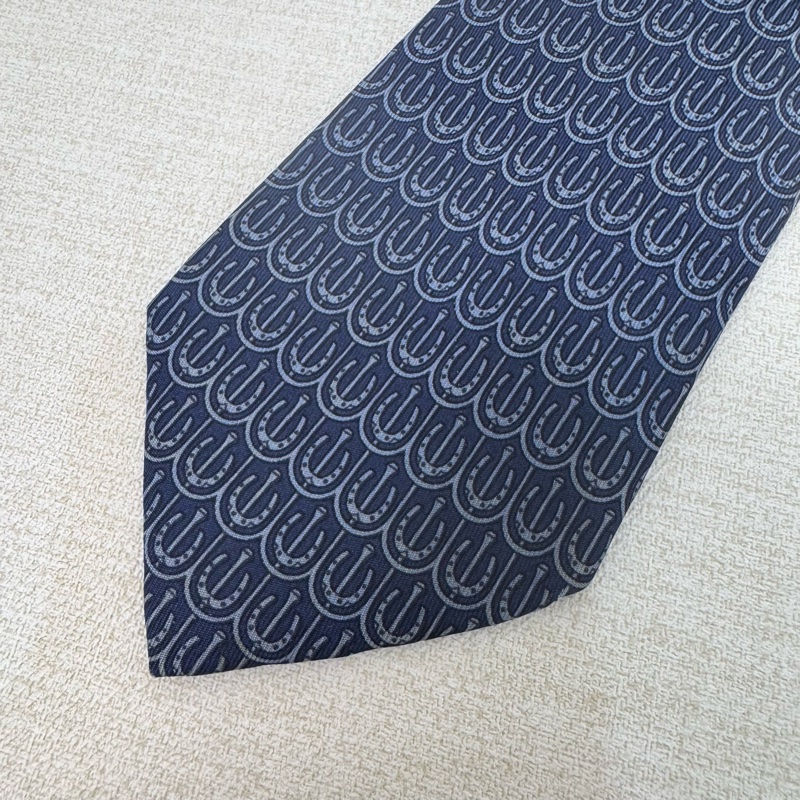 HERMES 藍 馬蹄圖案 領帶 領結 絲綢（中古）-4