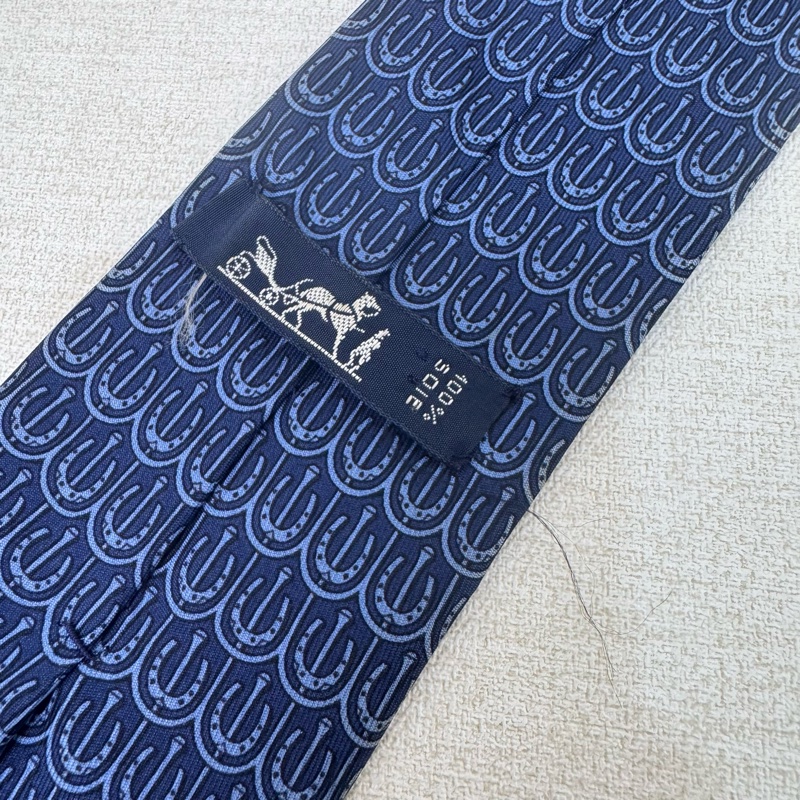 HERMES 藍 馬蹄圖案 領帶 領結 絲綢（中古）-5