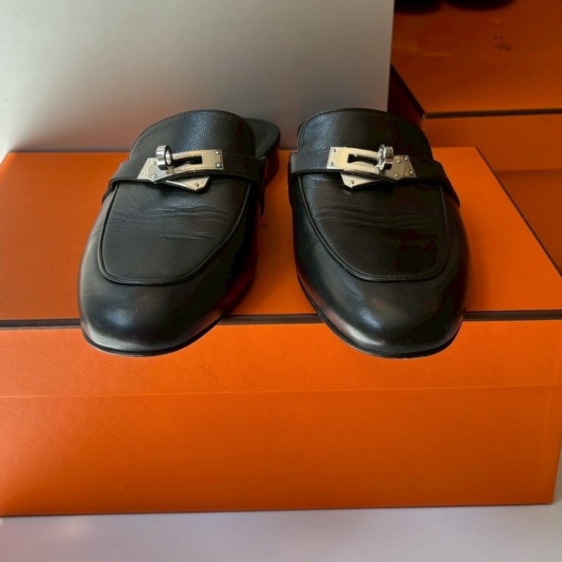 Hermes 銀釦黑皮女平底鞋-3