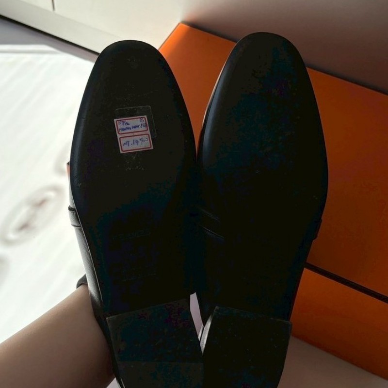 Hermes 銀釦黑皮女平底鞋-5