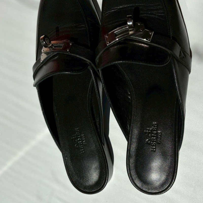 Hermes 銀釦黑皮女平底鞋-7