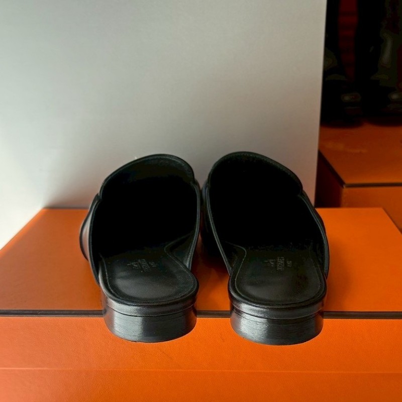 Hermes 銀釦黑皮女平底鞋-8