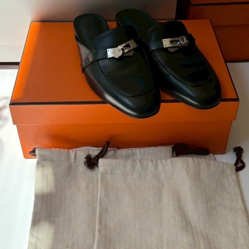 Hermes 銀釦黑皮女平底鞋-9