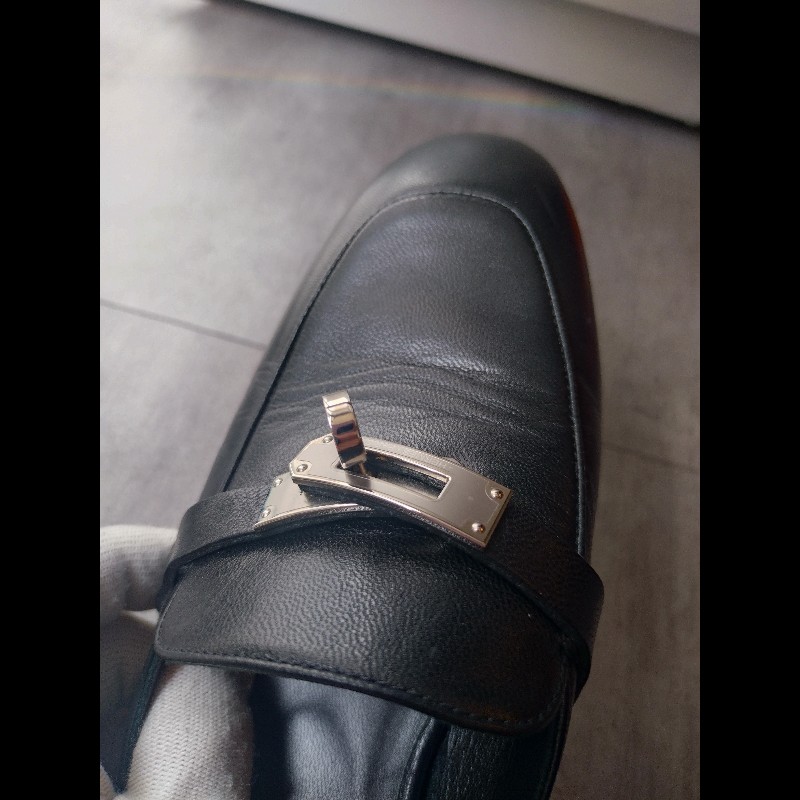 Hermes 銀釦黑皮女平底鞋-13