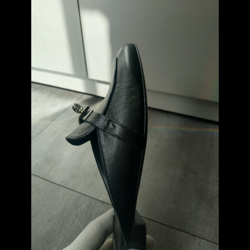 Hermes 銀釦黑皮女平底鞋-15