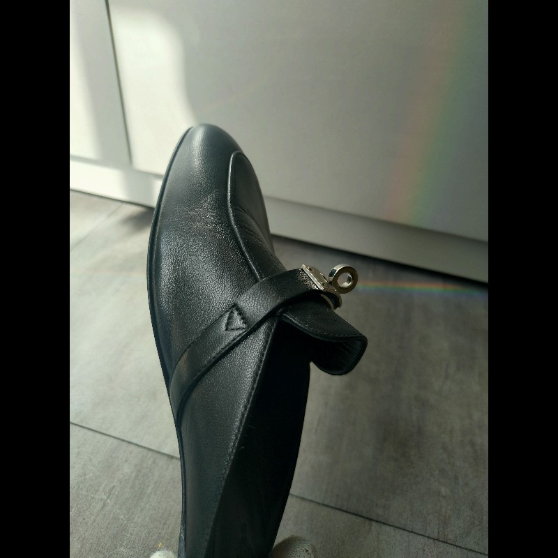 Hermes 銀釦黑皮女平底鞋-16