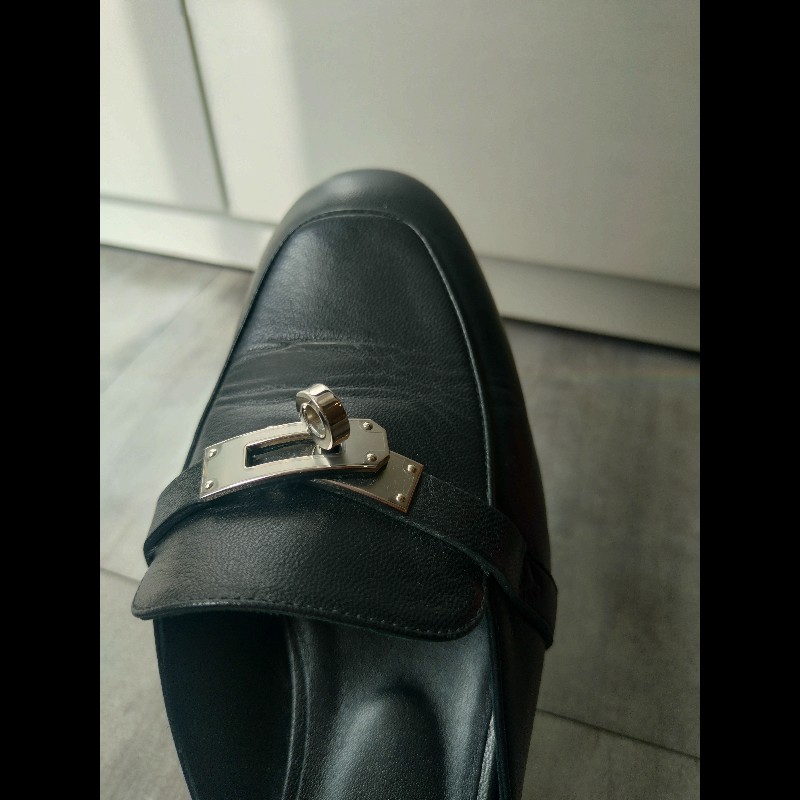 Hermes 銀釦黑皮女平底鞋-17