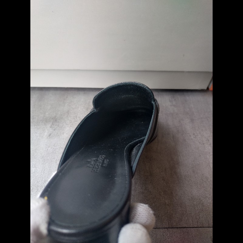 Hermes 銀釦黑皮女平底鞋-18