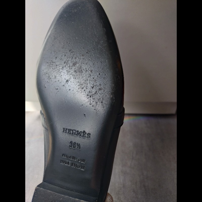 Hermes 銀釦黑皮女平底鞋-20