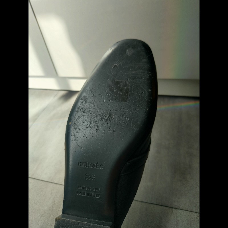 Hermes 銀釦黑皮女平底鞋-21